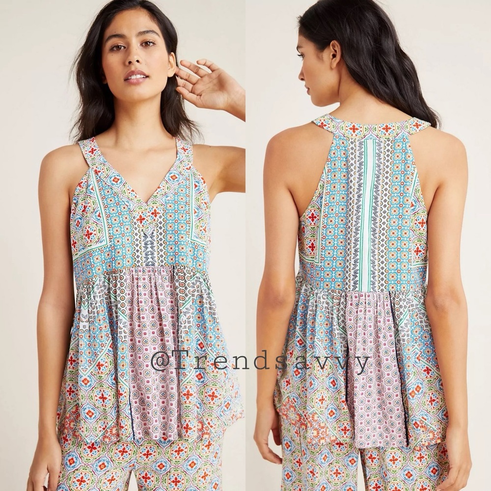Anthropologie Kenzie Floral Sleep Top Blue Red Sleeveless V-Neck Relaxed Small